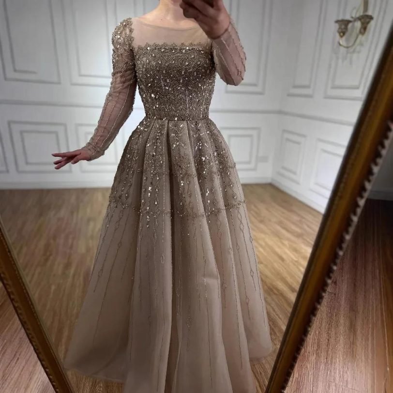 Luxury Caramel A-Line Beaded Evening Dress with Long Sleeves and Lace-Up Back fo - 图片 4