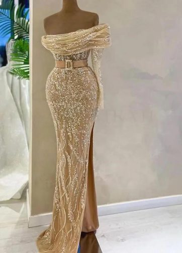 SERENE HILL Customized Arabic Nude Mermaid One Shoulder Beaded Luxury Evening Dr