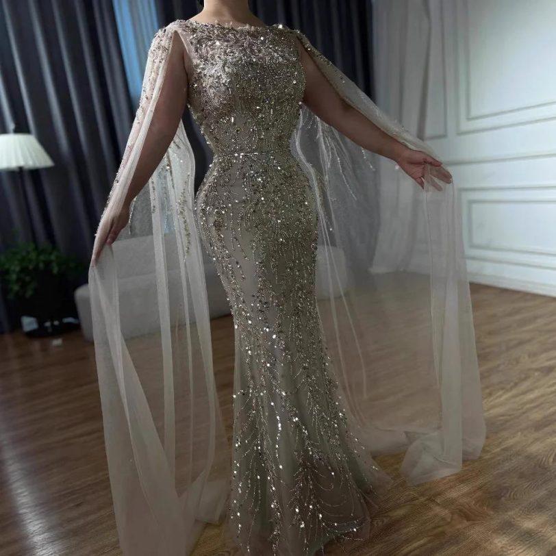 Luxury Caramel Beaded Evening Dress with Elegant Cape Sleeves Boat Neck Fitted G - 图片 2