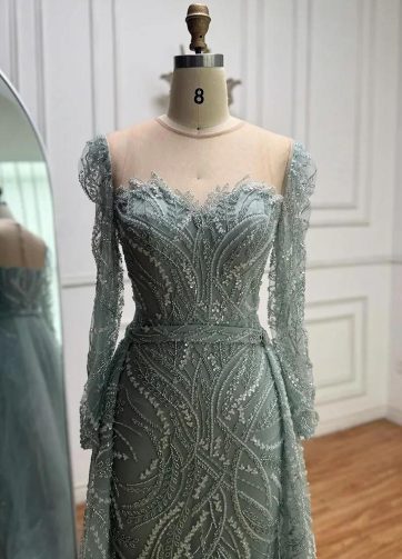 SERENE HILL Customized Sage Green Luxury Beaded Overskirt Mermaid Evening Dress