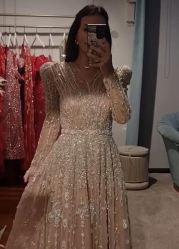 SERENE HILL Customized Saudi Arabic Luxury Nude A-Line Beaded Evening Dress Gown