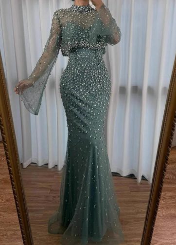 Serene Hill Customized Water Green Beaded Mermaid Evening Dress with Detachable