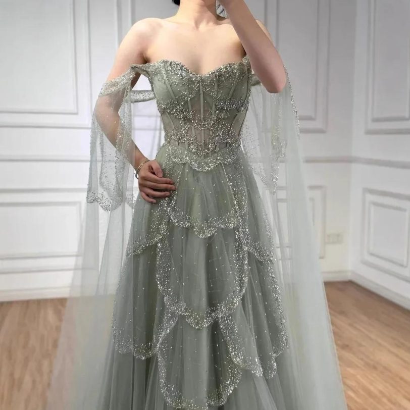 Serene Hill Sage Green Arabic A-Line Off Shoulder Beaded Evening Dress with Cape - 图片 2