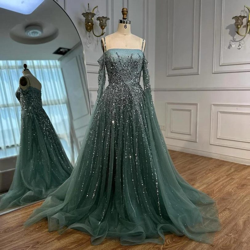 Turquoise Saudi A Line Luxury Evening Dress with Long Sleeves Cape for Formal Oc - 图片 2