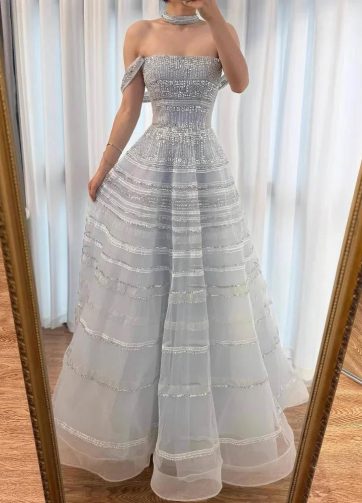 Luxury Dubai Arabic Blue Off Shoulder A Line Evening Dress with Beaded for Forma