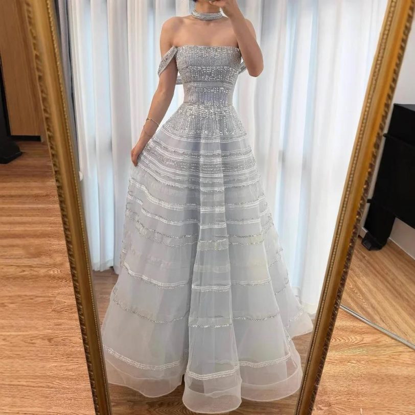 Luxury Dubai Arabic Blue Off Shoulder A Line Evening Dress with Beaded for Forma