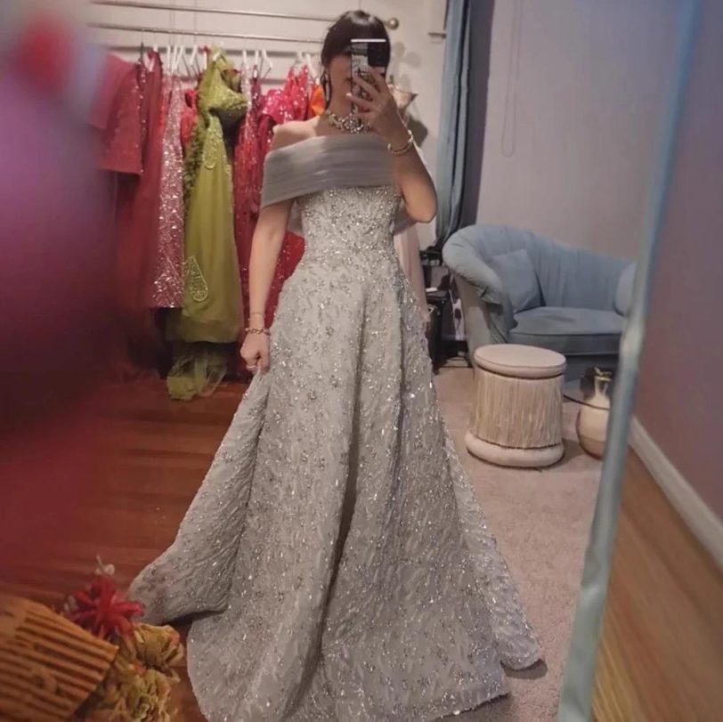 Luxury Glamorous Gray SliverOff Pink Mermaid Evening Dress with Big Bow Backless - 图片 5