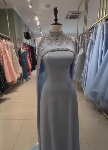 Elegant Blue High Neck Evening Dress with Beaded Crystals and Long Cape Serene