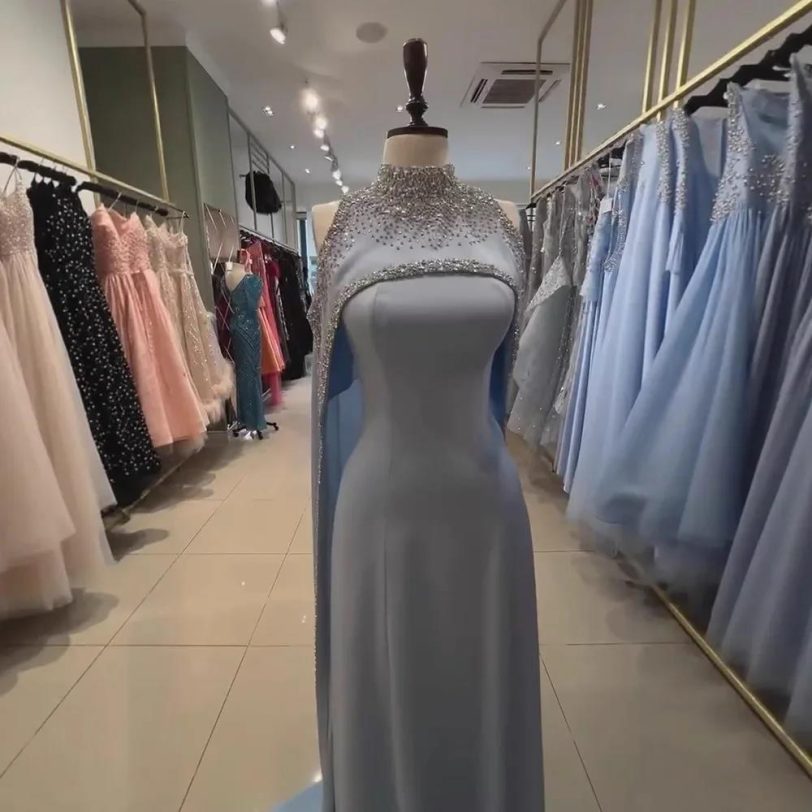 Elegant Blue High Neck Evening Dress with Beaded Crystals and Long Cape Serene