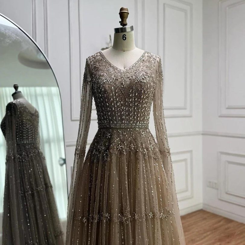 Elegant Caramel A Line Beaded Evening Dress with Cape Long Sleeves Serene Hill 2 - 图片 5