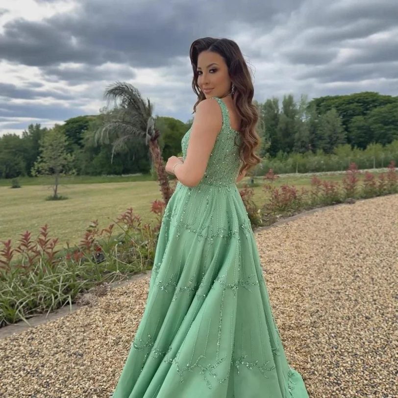 Elegant Sage Green Beaded A-Line Evening Dress with Square Neck for Women Party - 图片 4