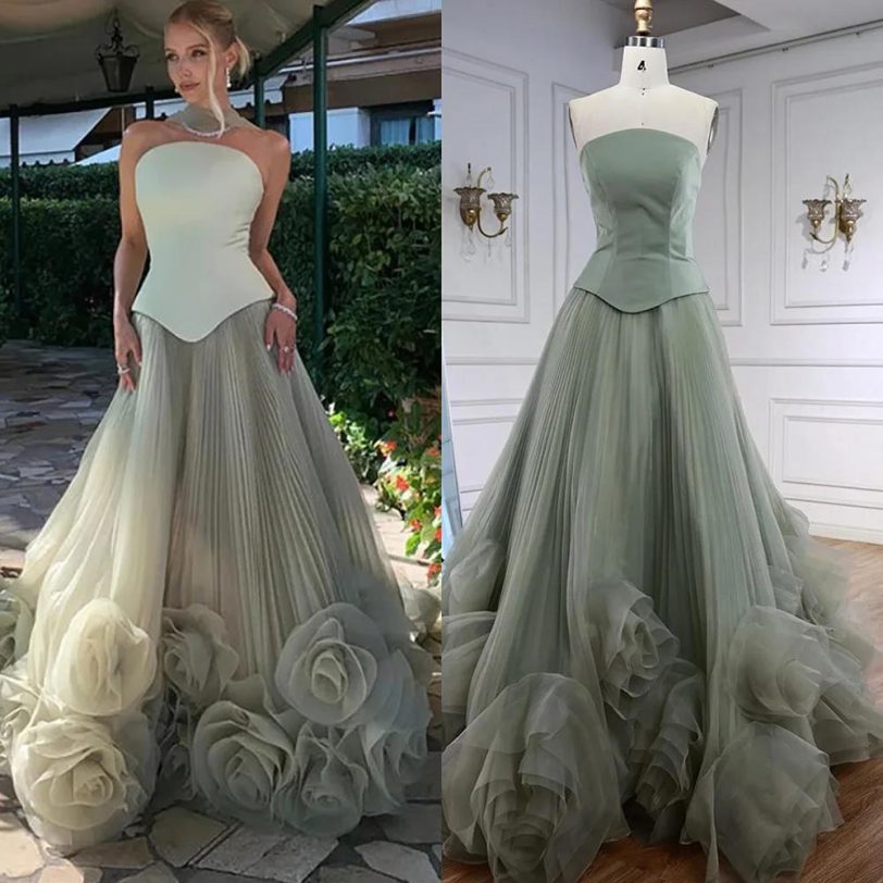 Elegant Sage Green Strapless 3D Flowers A Line Evening Dresses Gowns for Party 2 - 图片 3
