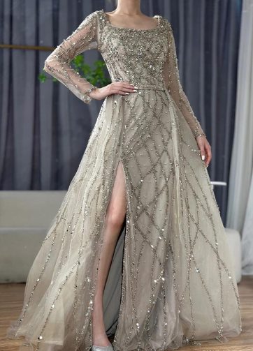 SERENE HILL 2025 Customized Caramel Luxury Beaded Mermaid Overskirt Evening Dres