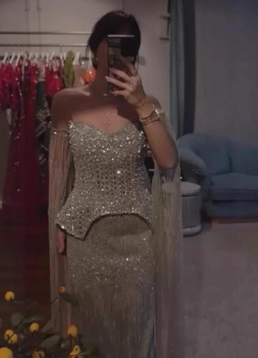 Serene Hill 2025 Customized Silver Crystal Beaded Evening Dress with Cape Sleeve