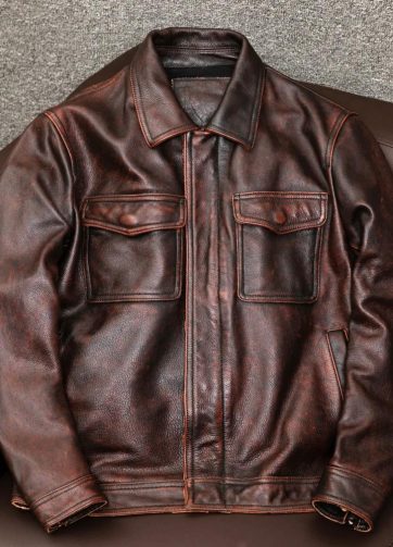 Red Brown Vintage Leather Jacket Men's Top Leather Oversized Motorcycle Slim