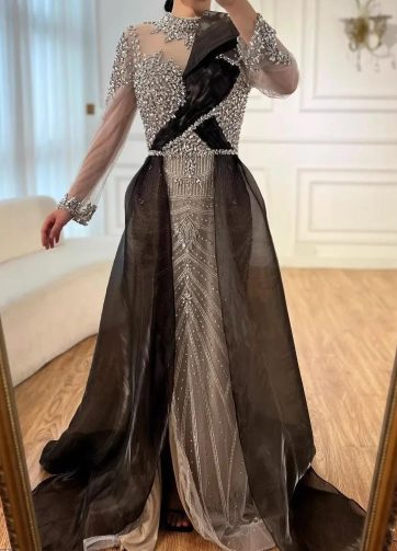 Luxury Arabic Sliver Nude Beaded Long Sleeve Evening Dress 2025 Elegant Custom M