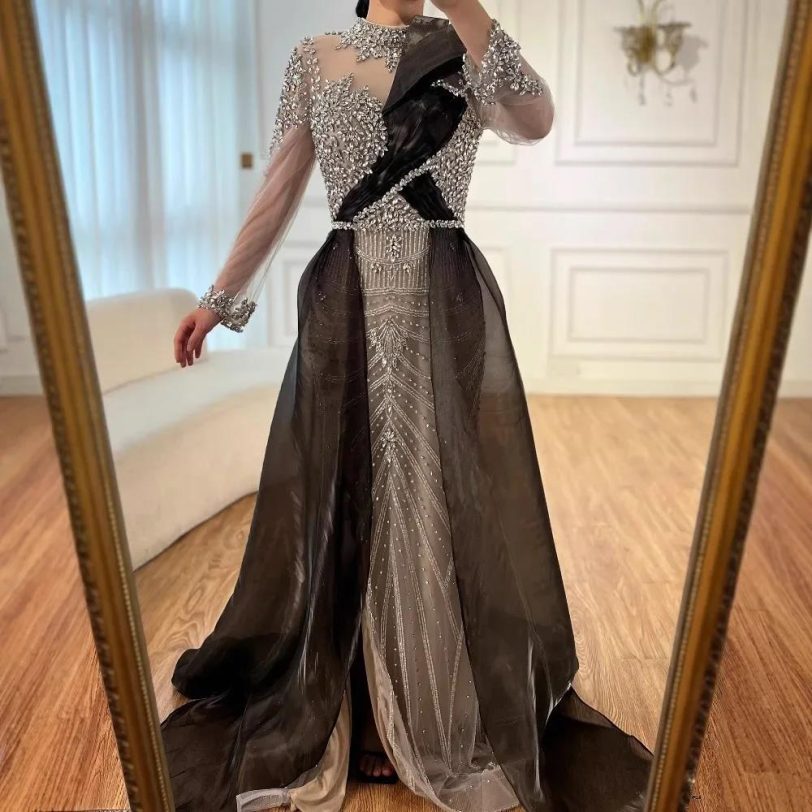 Luxury Arabic Sliver Nude Beaded Long Sleeve Evening Dress 2025 Elegant Custom M