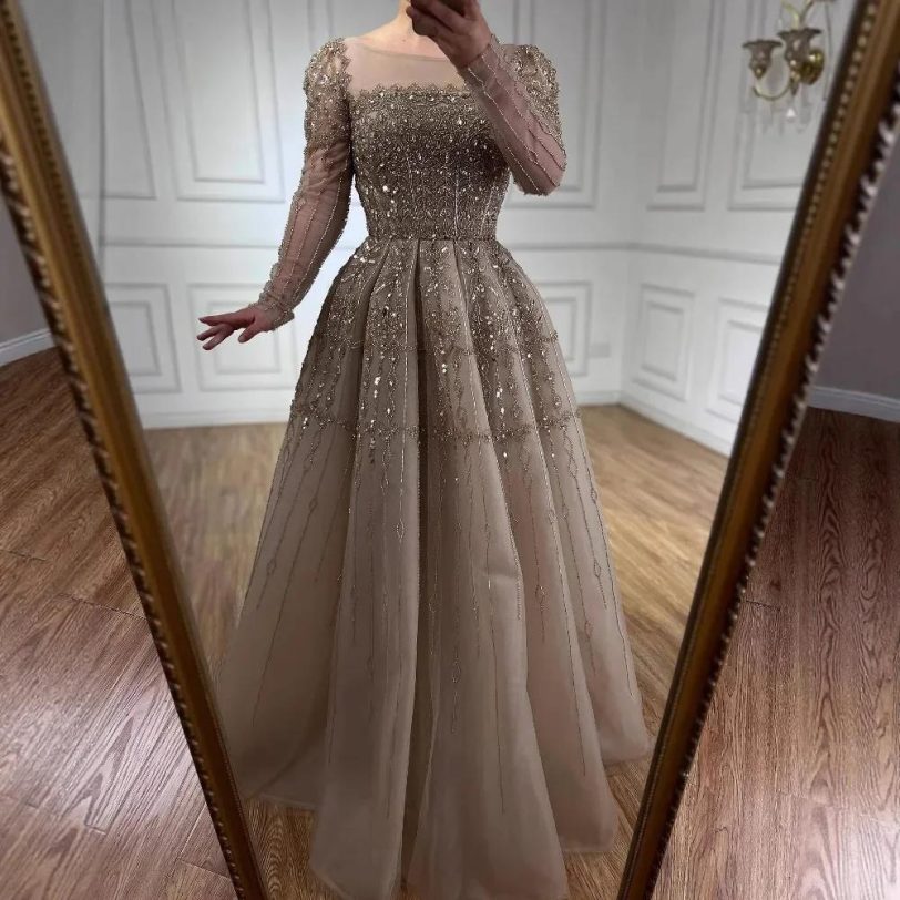 Luxury Caramel A-Line Beaded Evening Dress with Long Sleeves and Lace-Up Back fo - 图片 3