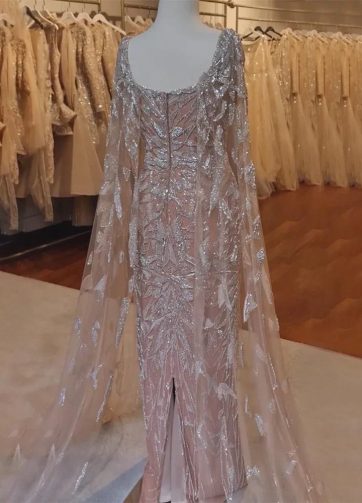 SERENE HILL Customized Arabic Nude Cape Sleeves Mermaid Dubai Evening Dress Bead