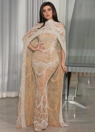 SERENE HILL Customized Arabic Nude Mermaid Long Cape Sleeves Luxury Evening Dres