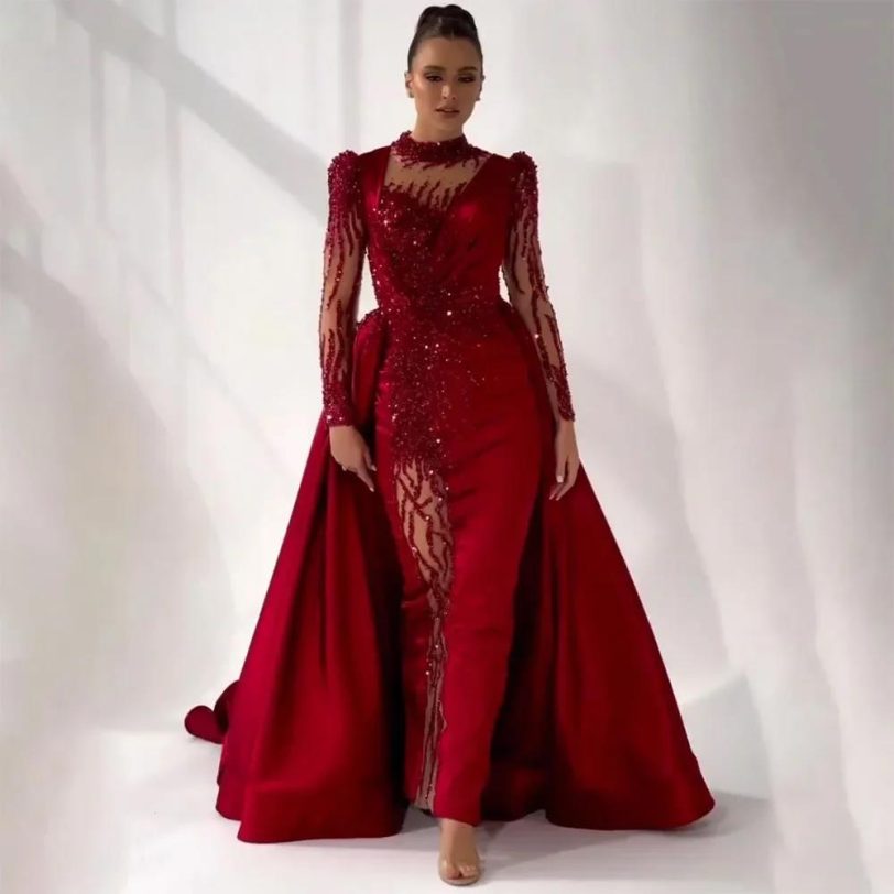 SERENE HILL Customized Burgundy Beaded Satin Mermaid Detachable Overskirt Evenin - 图片 3