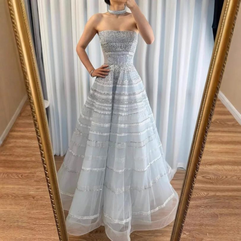 Luxury Dubai Arabic Blue Off Shoulder A Line Evening Dress with Beaded for Forma - 图片 4