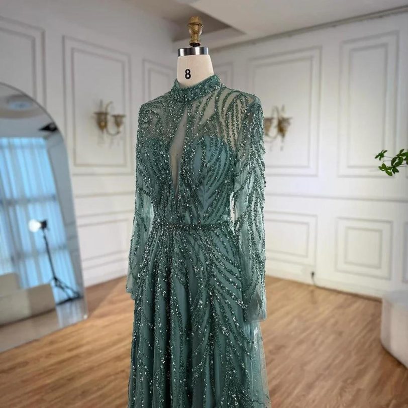 Turquoise Mermaid Evening Dress with High Neck Beaded Design for Women Formal Pa - 图片 5