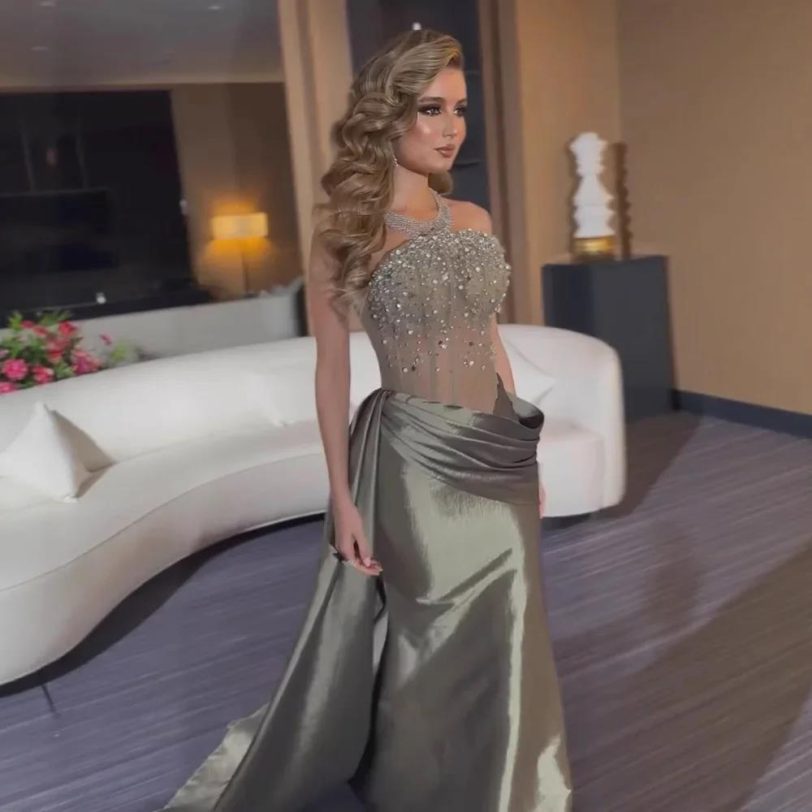 Luxury Olive Green Satin Evening Dress with Beaded Illusion Bodice and Draped Sk - 图片 3