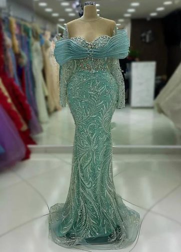 Arabic Blue Beaded Evening Dress Long Sleeves Bow Front Overlay Saudi Style Gown