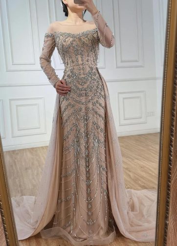 SERENE HILL 2025 Customized Arabic Luxury Beaded Nude Mermaid Overskirt Evening