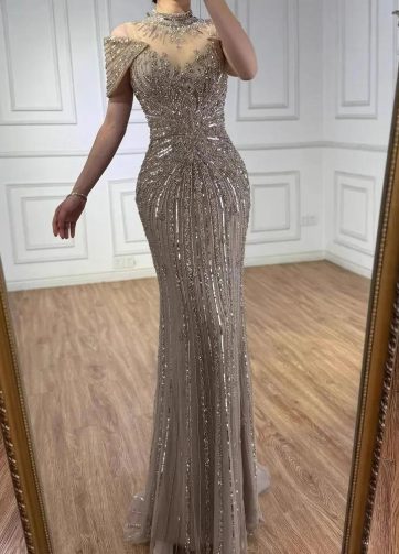 SERENE HILL 2025 Customized Burgundy Luxury Beaded Mermaid Evening Dress High Ne