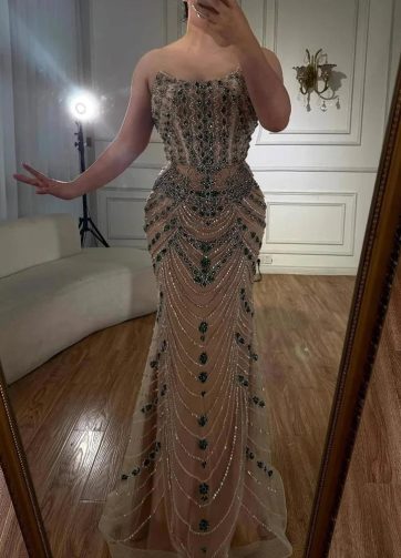 SERENE HILL 2025 Customized Green Beaded Arabic Mermaid Evening Dress Strapless