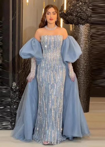 SERENE HILL Arabic Luxury Beaded Blue Mermaid Evening Dress 2025 Strapless Detac