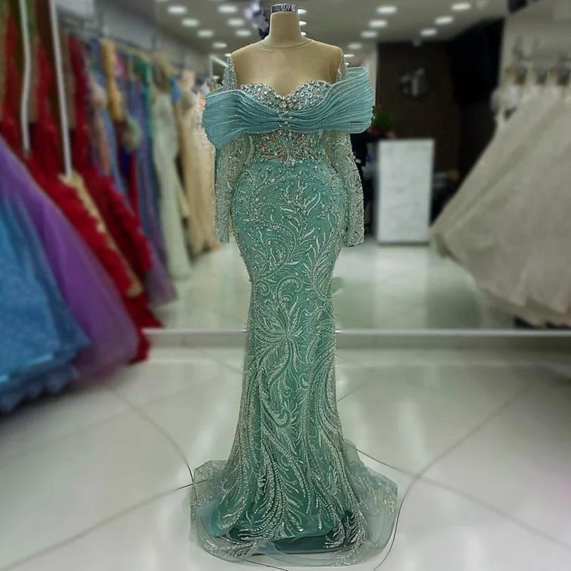 Arabic Blue Beaded Evening Dress Long Sleeves Bow Front Overlay Saudi Style Gown