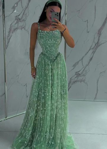 SERENE HILL Customized 2025 Sage Green Saudi Beaded A-Line Spaghetti Strap Eveni