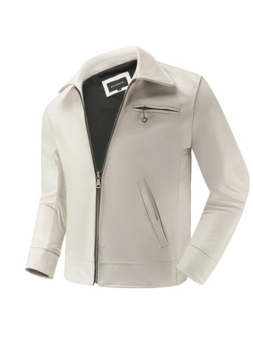 Men's Genuine Leather Jacket White Lapel Calfskin Jacket Natural Cowhide Men's