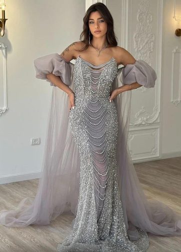 SERENE HILL Customized Arabic Lilac Luxury Beaded Mermaid Detachable Sleeves Eve