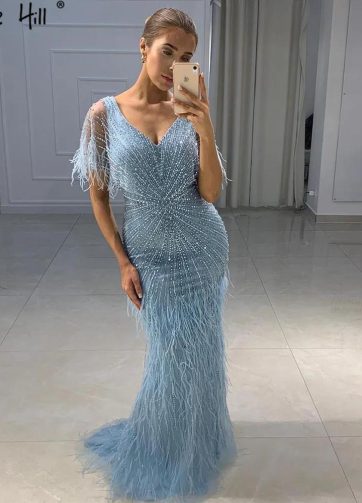 SERENE HILL Customized Arabic Red Luxury Beaded Feather Mermaid Evening Dress 20