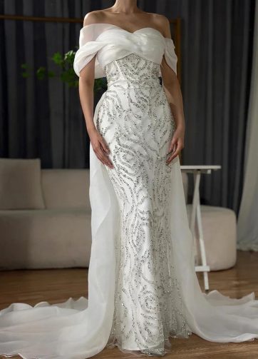 SERENE HILL Customized Arabic White Beaed Mermaid Overskirt Evening Dress 2025 O