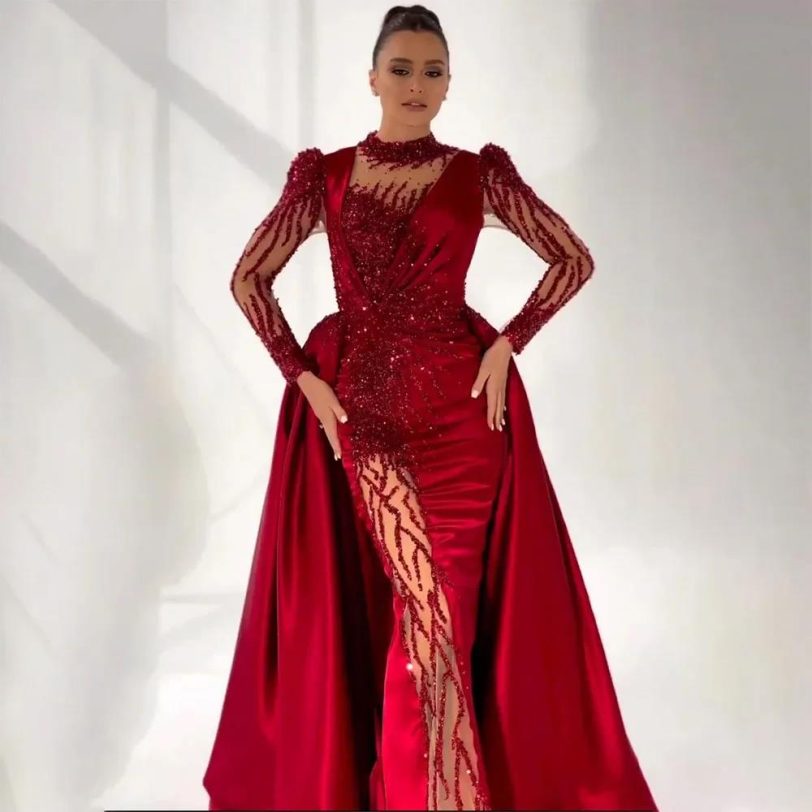 SERENE HILL Customized Burgundy Beaded Satin Mermaid Detachable Overskirt Evenin - 图片 4