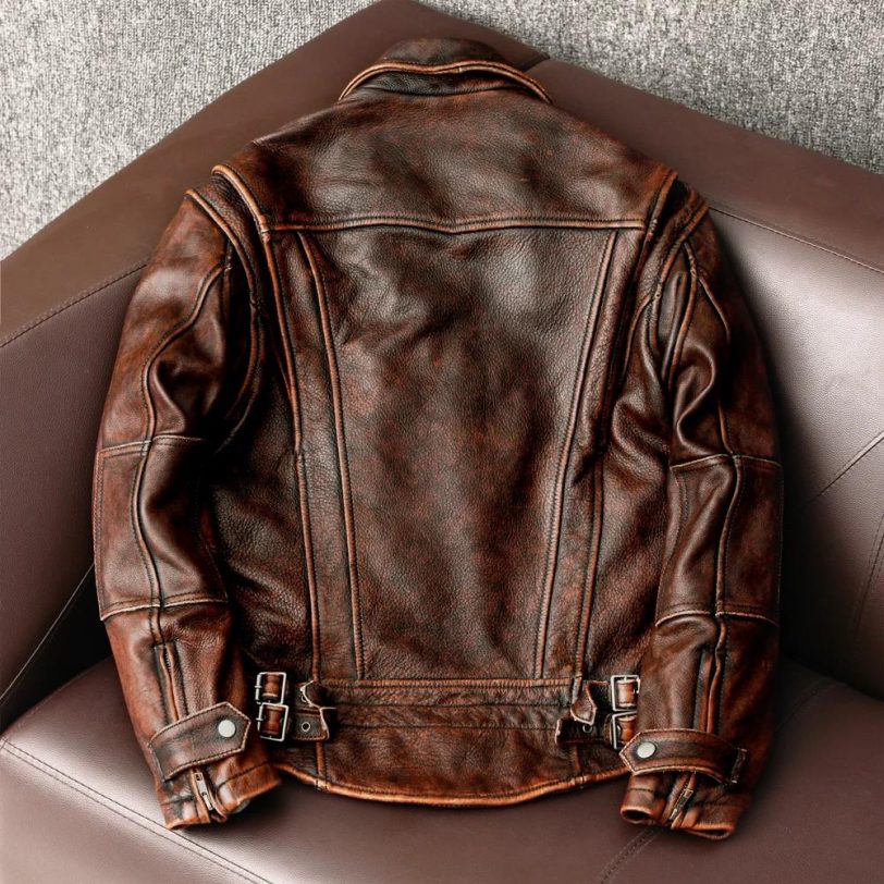 New Men Leather  Jacket  Swallow Tailed Vintage Motorcycle Top Cowhide Coat - 图片 2