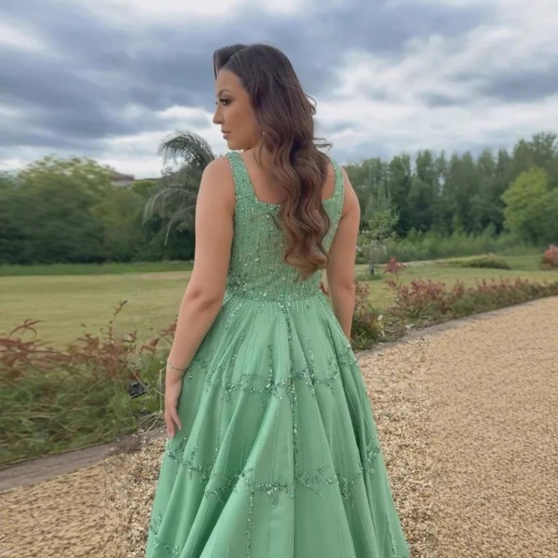 Elegant Sage Green Beaded A-Line Evening Dress with Square Neck for Women Party - 图片 2