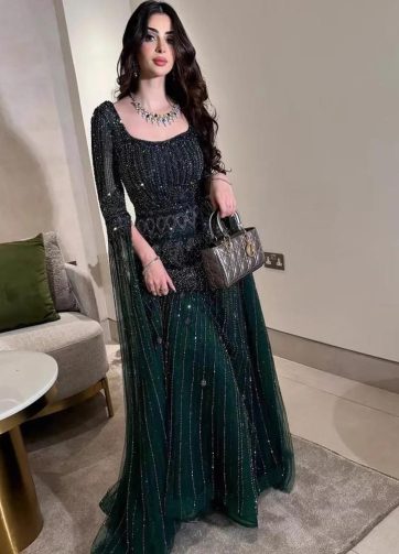 Serene Hill 2025 Customized Caramel A-Line Dark Green Evening Dress with Beaded