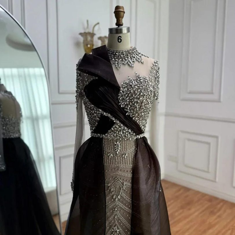 Luxury Arabic Sliver Nude Beaded Long Sleeve Evening Dress 2025 Elegant Custom M - 图片 3