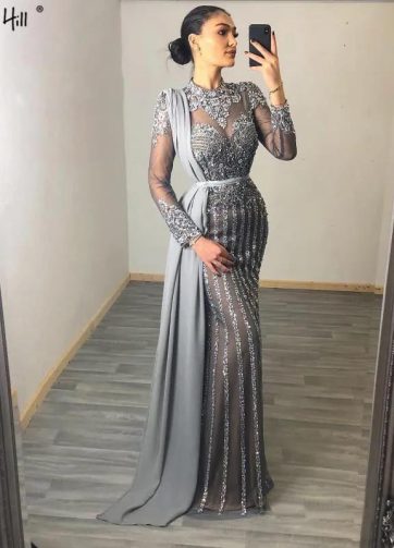 SERENE HILL Customized 2025 Gray Luxury Beaded Mermaid Evening Dress Modest For