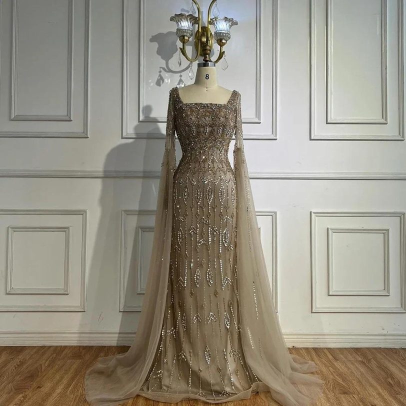 Luxury Caramel Saudi Arabic Evening Dress with Long Sleeves Cape Serene Hill 202 - 图片 3