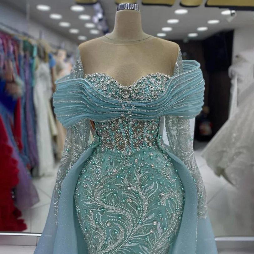 Arabic Blue Beaded Evening Dress Long Sleeves Bow Front Overlay Saudi Style Gown - 图片 2