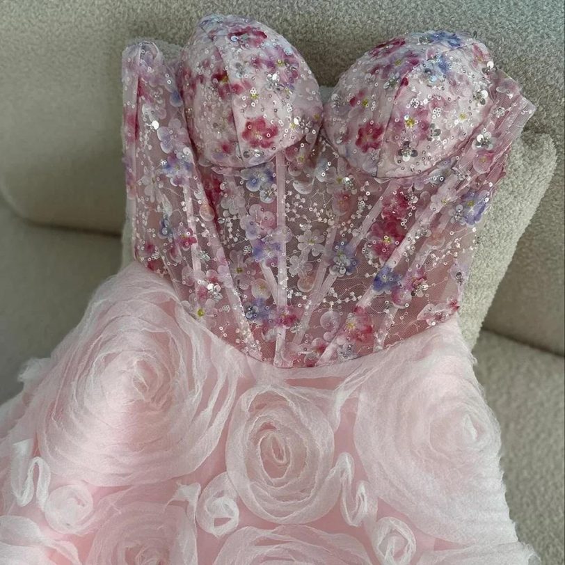 Luxury Floral Appliques A Line Spaghetti Strap Pink Prom Dress 2025 Serene Hill - 图片 3