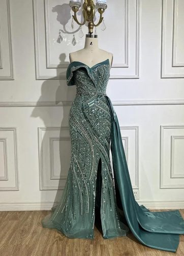 SERENE HILL Customized Arabic Turquoise Luxury Beaded Satin Memaid Slit Overskir