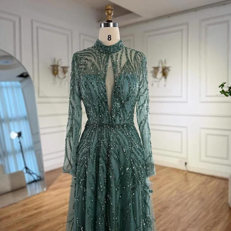 Turquoise Mermaid Evening Dress with High Neck Beaded Design for Women Formal Pa - 图片 2